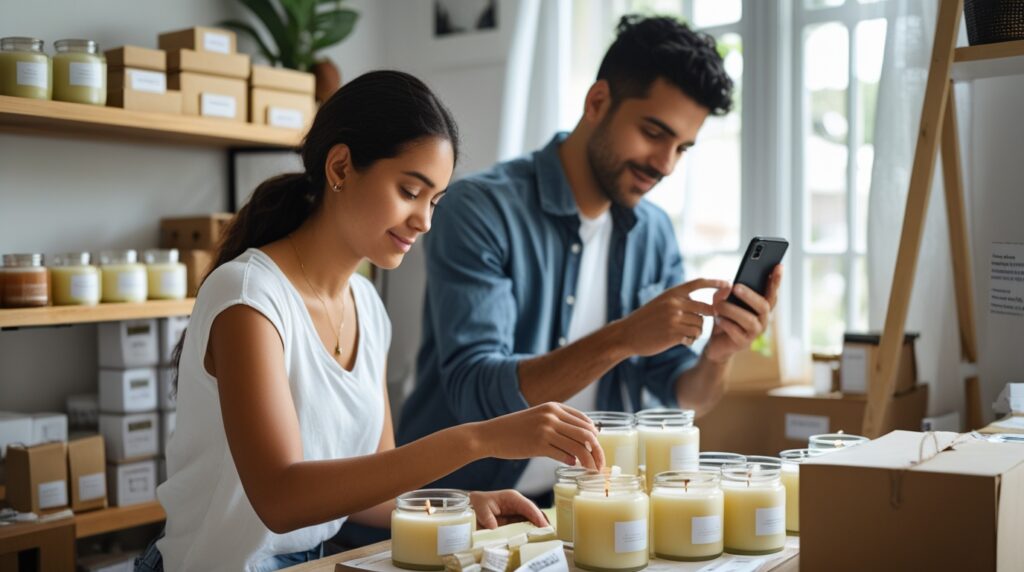 Casal preparando produtos artesanais para venda e iniciando um pequeno negócio em casa.