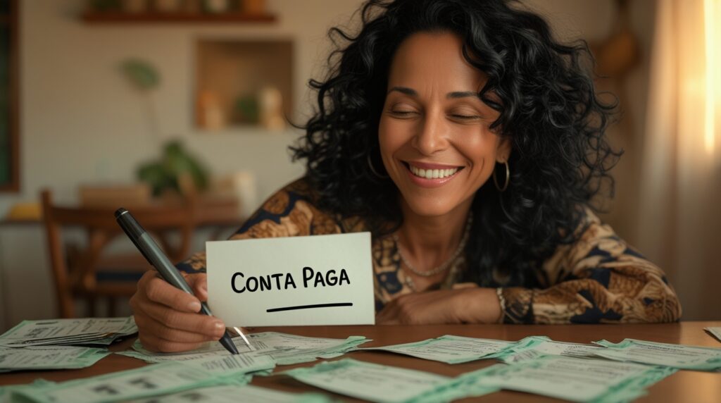 Mulher sorrindo após quitar dívidas com o décimo terceiro salário.
