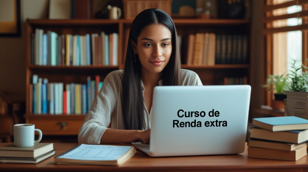 Mulher estudando curso online de finanças para gerar renda extra.