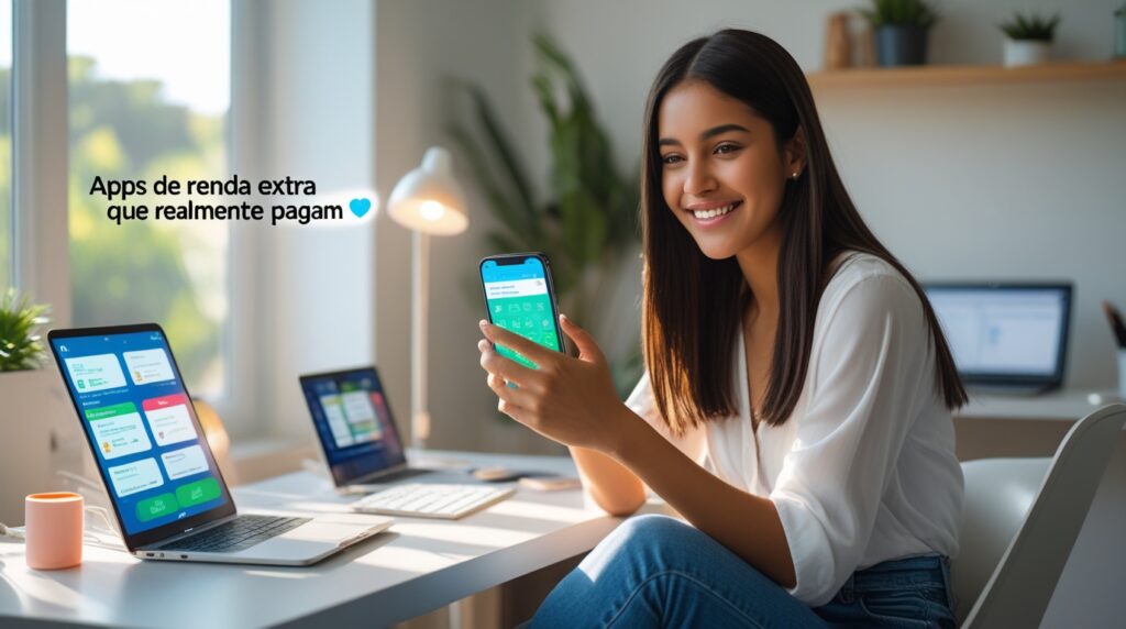 Jovem usando smartphone e laptop para ganhar dinheiro com apps de renda extra.