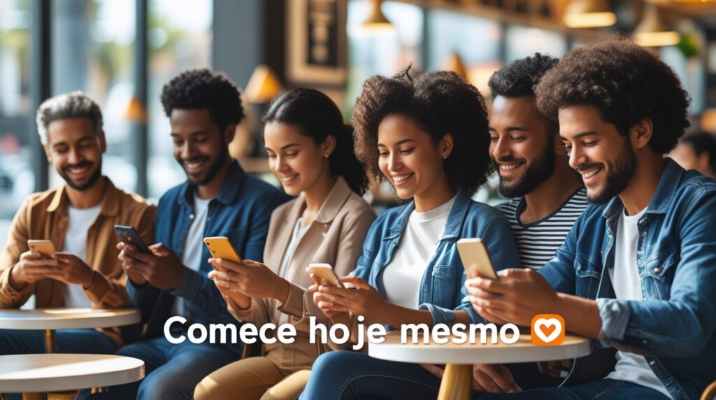 Jovens brasileiros felizes usando apps de renda extra em seus celulares.