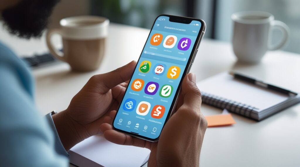 Tela de celular exibindo aplicativos de renda extra e pesquisa pagos.