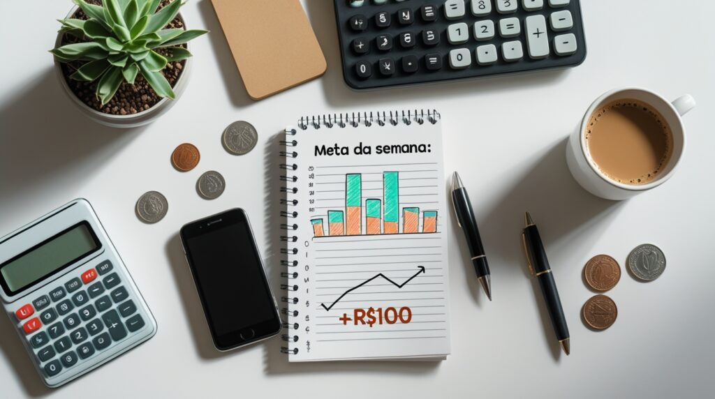 Mesa de trabalho com celular mostrando ganhos e metas financeiras semanais.