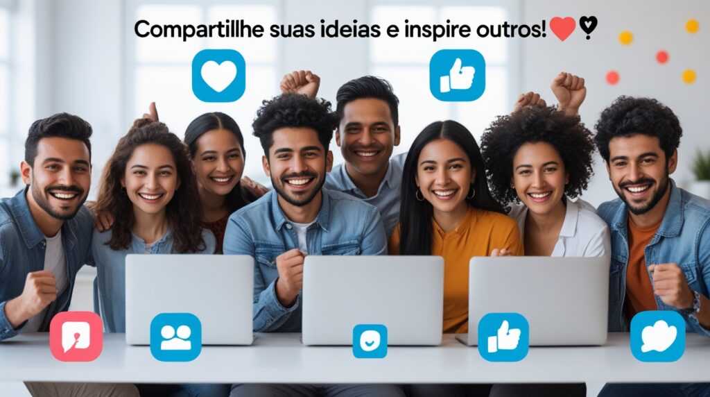 Grupo de jovens comemorando e interagindo online, incentivando o compartilhamento de ideias sobre renda extra.