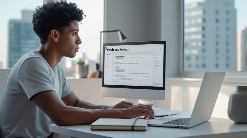 Homem jovem trabalhando como freelancer em casa, analisando projetos no notebook.