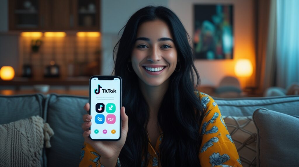 Mulher jovem usando aplicativo de celular para ganhar recompensas e renda extra.