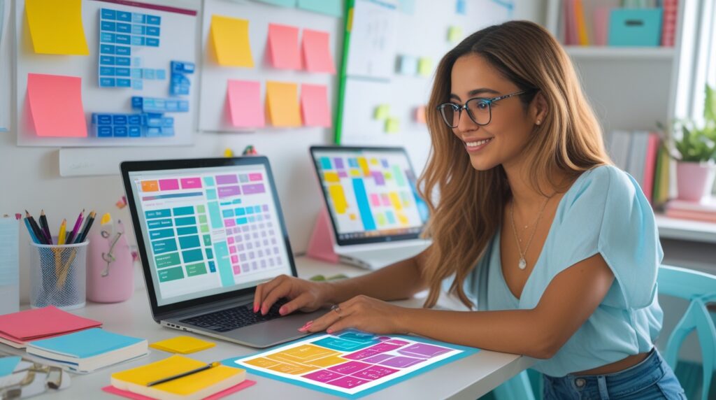 Mulher criando designs e organizando tarefas no laptop usando ferramentas como Canva, Trello e Notion.