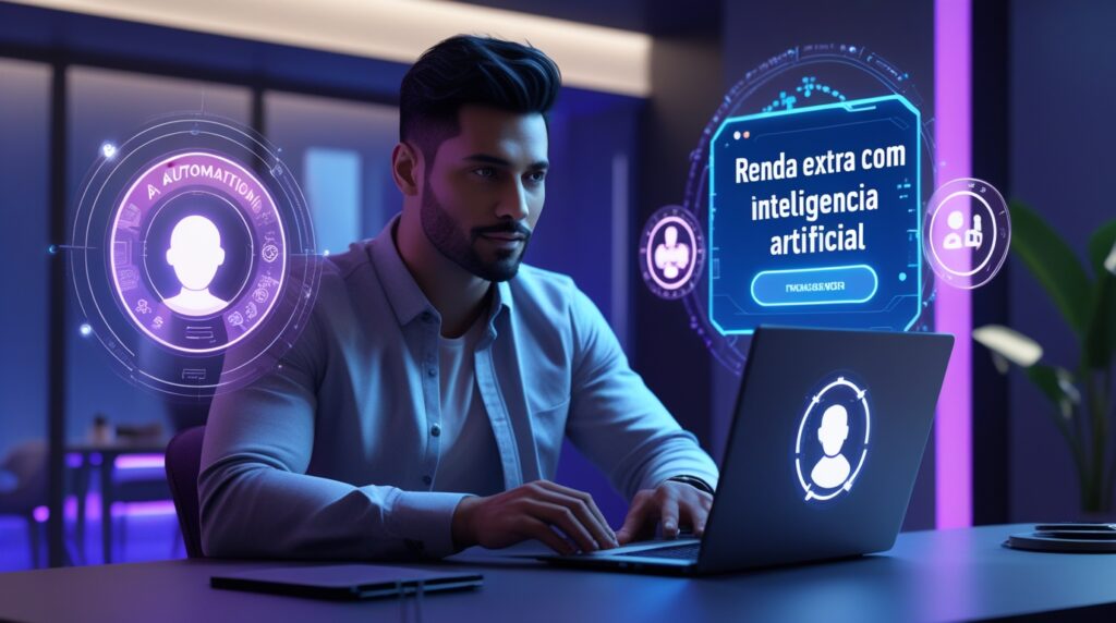 Homem usando inteligência artificial para criar conteúdo e gerar renda online com ferramentas digitais.