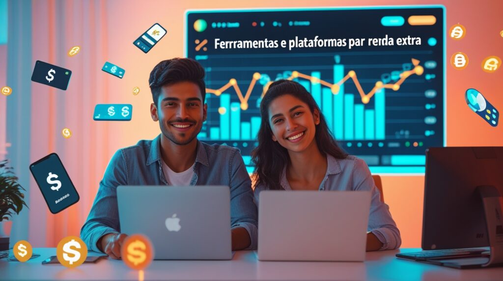 Homem e mulher jovens usando notebook e celular com ícones de dinheiro e tecnologia ao redor, representando Ferramentas e Plataformas para Renda Extra