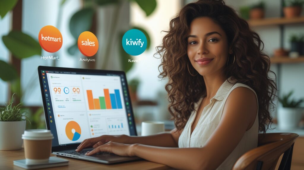 Mulher analisando painel de vendas online em laptop, representando plataformas de afiliados como Hotmart e Kiwify.
