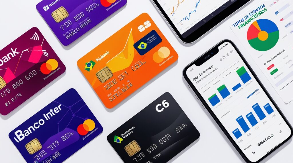 Colagem com cartões de bancos digitais e aplicativos de investimento no celular.