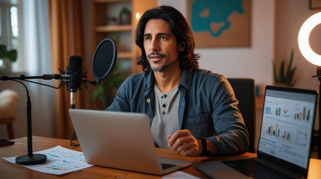 Criador de conteúdo gravando review financeiro em home office.