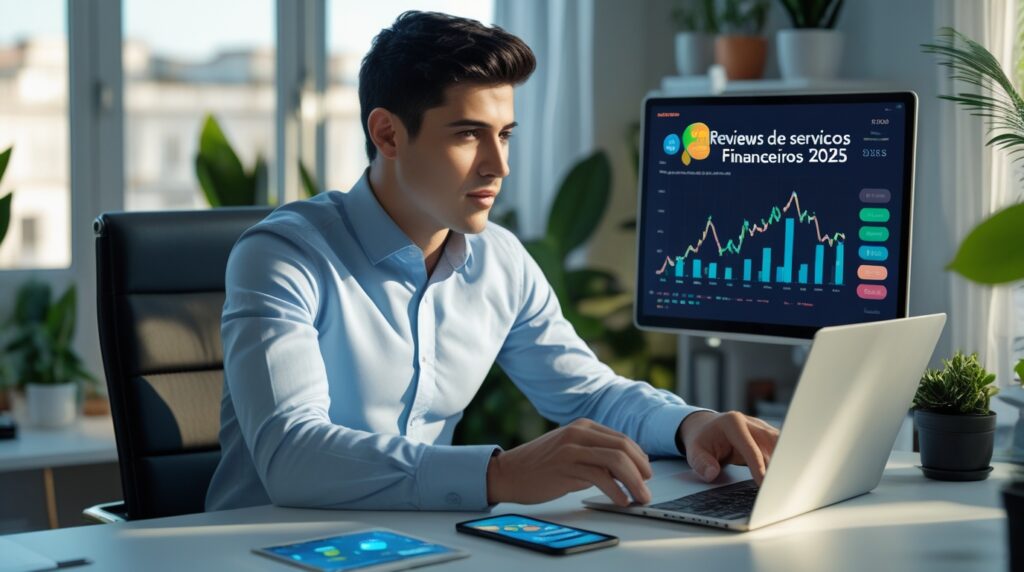 Jovem analisando aplicativos financeiros em um tablet com gráficos e texto “Reviews de Serviços Financeiros 2025”.