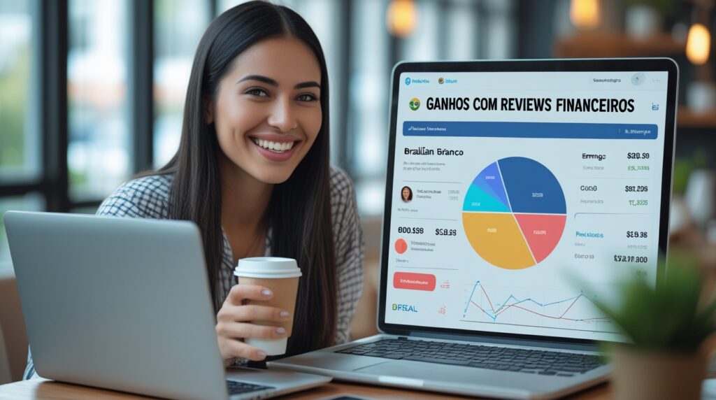 Mulher comemorando ganhos em reais com reviews de serviços financeiros.