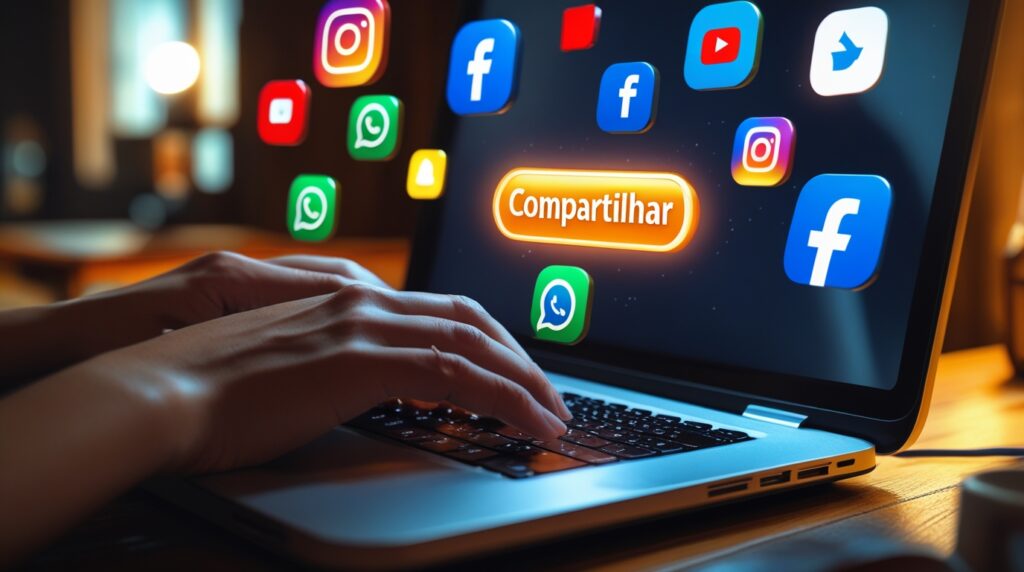 Mãos digitando em notebook com ícones de compartilhamento de redes sociais.