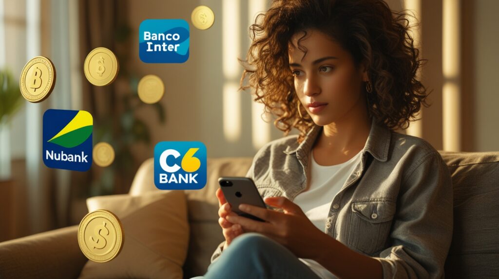 Mulher usando o celular para analisar bancos digitais como Nubank e Inter.