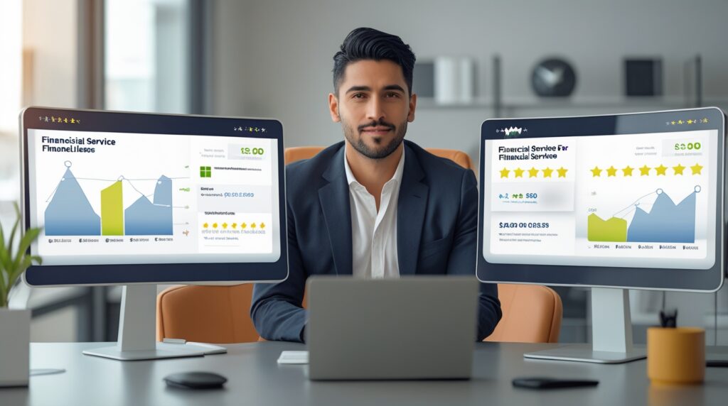 Homem comparando dois serviços financeiros em telas com gráficos e avaliações.