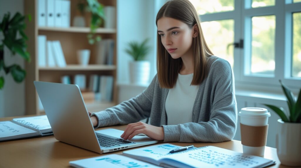Mulher trabalhando como freelancer em notebook com mesa organizada e café.