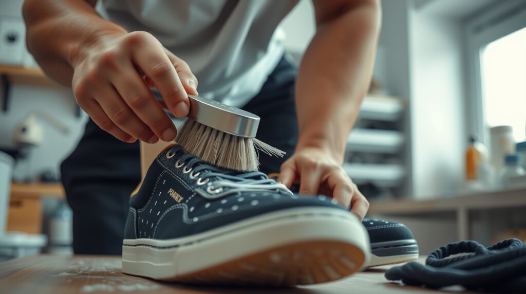Homem limpando tênis com escova profissional em ambiente organizado.