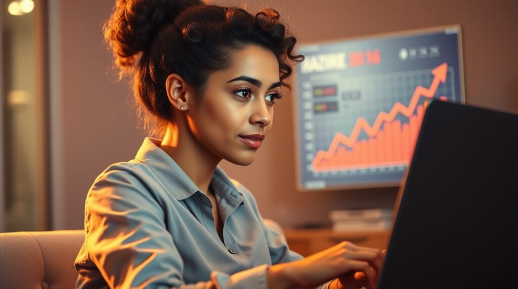 Mulher analisando planilhas no notebook em home office organizado com gráficos financeiros.