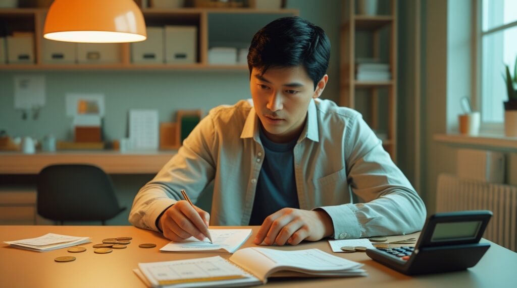 Homem planejando renda extra com pouco dinheiro usando caderno, moedas e smartphone.