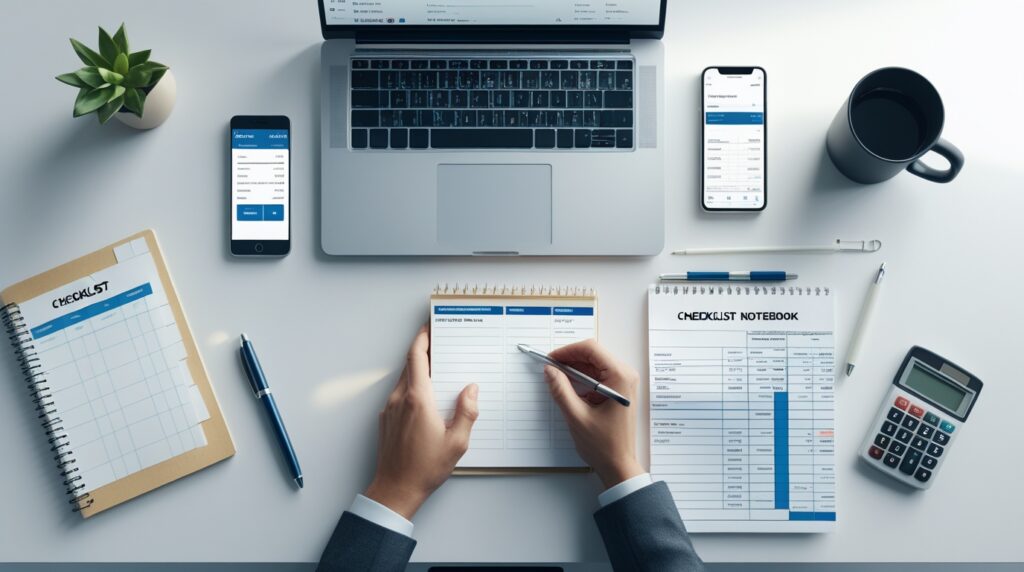 Mesa organizada com notebook de corretora, checklist e planilhas.