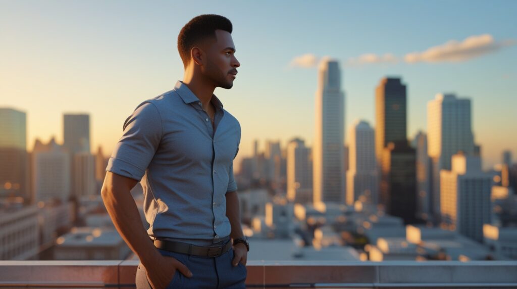 Homem observando o skyline ao pôr do sol, simbolizando liberdade financeira.