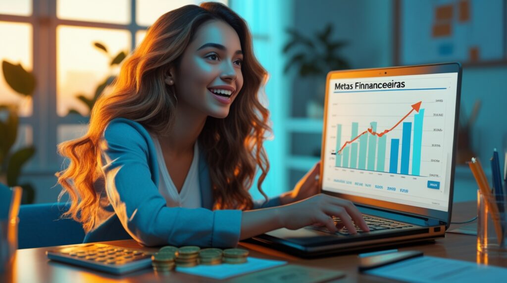 Mulher animada analisando gráfico de cupons semestrais no notebook.