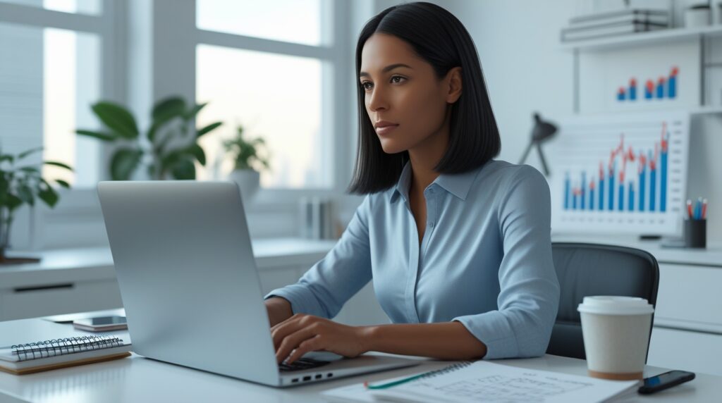 Mulher analisando gráficos de investimentos no notebook em um home office iluminado.