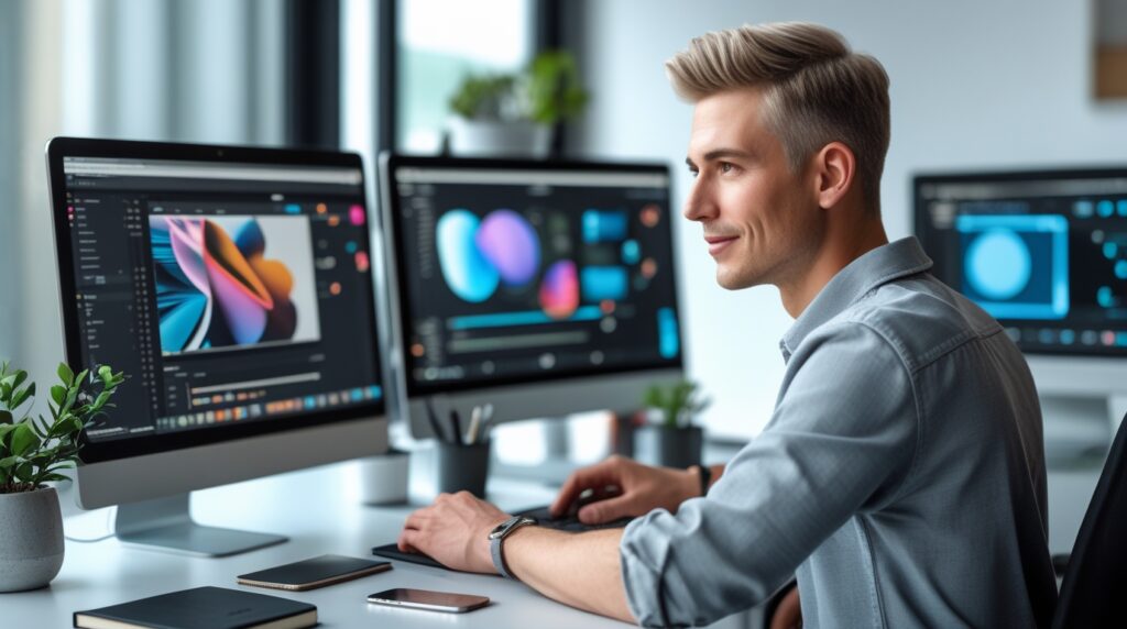 Jovem freelancer trabalhando em projetos digitais em um home office organizado.