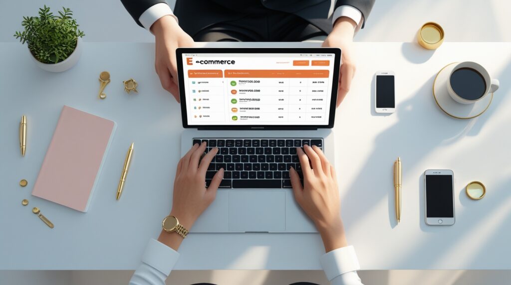 Mesa organizada com notebook mostrando vendas online e itens de trabalho digital.