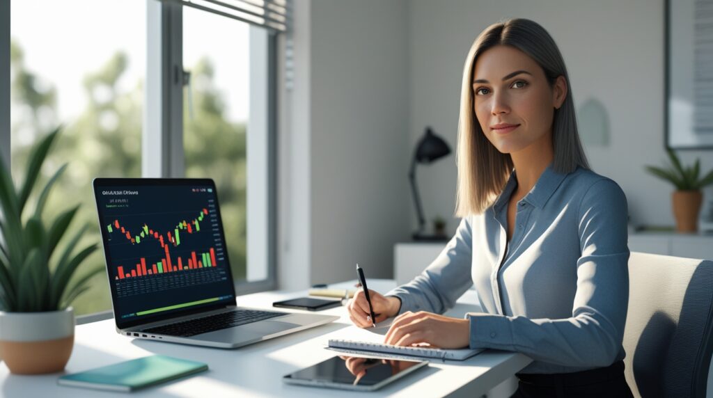 Mulher trabalhando no notebook em um home office iluminado, com gráficos financeiros na tela planejando a renda extra online em 2026.