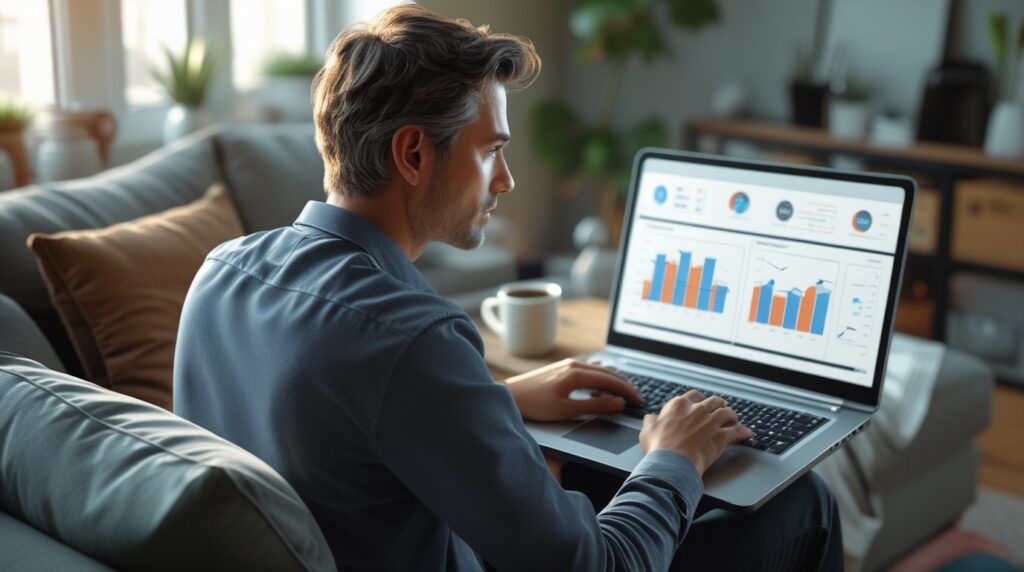 Homem analisando gráficos financeiros no notebook enquanto trabalha do sofá de casa.