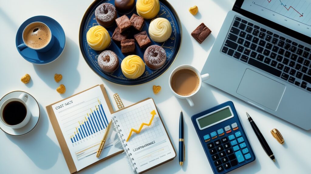 Mesa moderna com doces, notebook com gráfico de crescimento e itens de organização financeira.