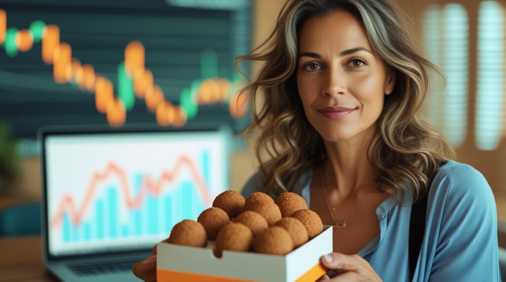 Mulher segurando caixa de brigadeiros com notebook mostrando gráfico ao fundo.