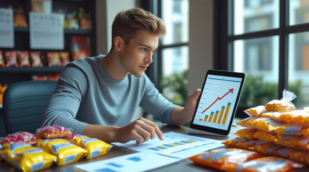 Homem analisando custos e gráfico de lucros ao lado de doces embalados.