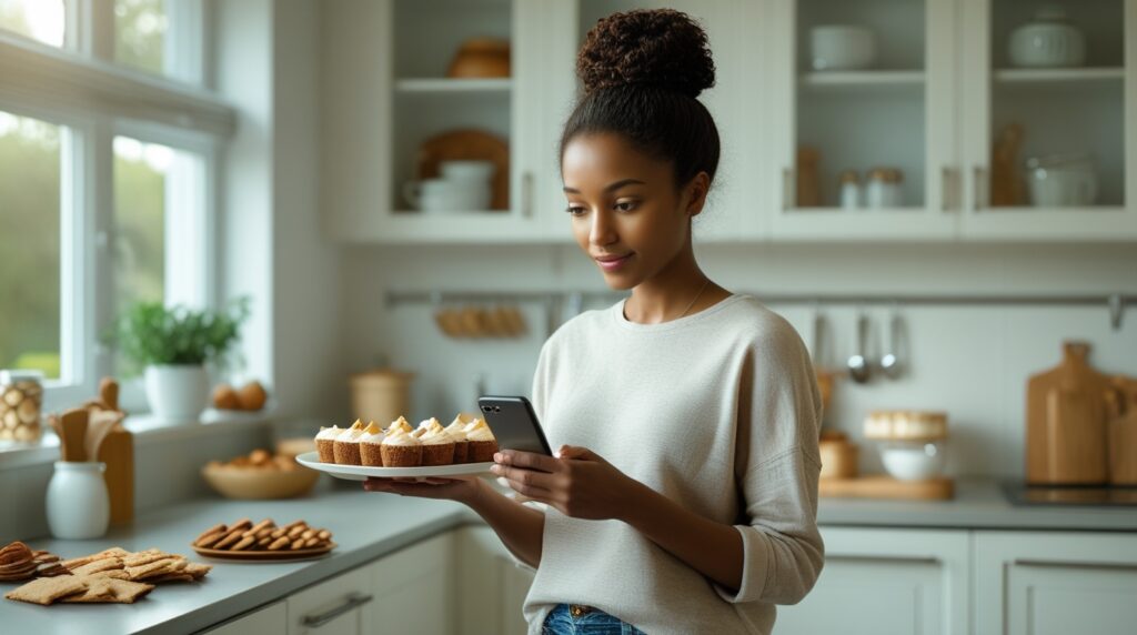 Mulher com bandeja de doces analisando planilha no celular na cozinha fazendo renda extra vendendo doces.