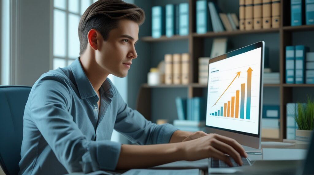 Freelancer analisando gráfico de crescimento financeiro em home office moderno.