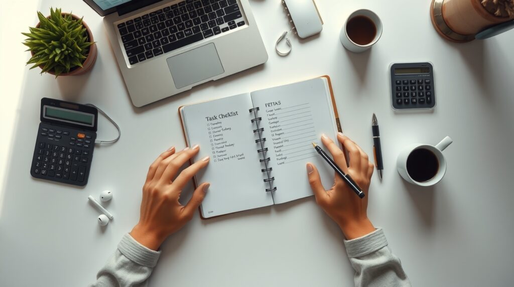 Mesa organizada com checklist, notebook e itens de produtividade vistos de cima.
