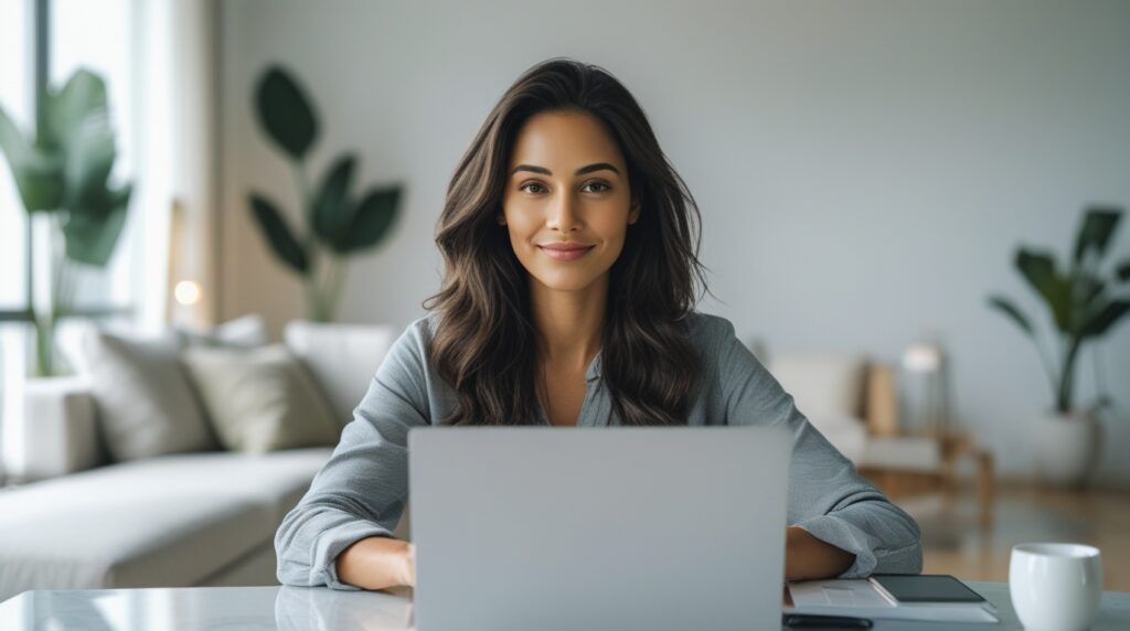 Pessoa trabalhando com notebook em ambiente calmo representando liberdade financeira.