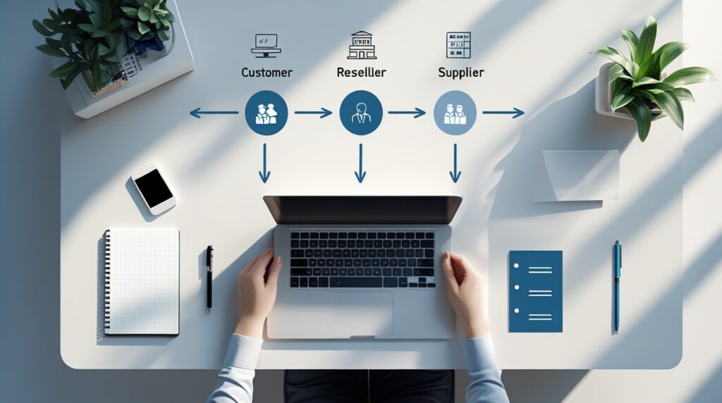 Mesa organizada com notebook e ilustração do modelo de revenda sem estoque.