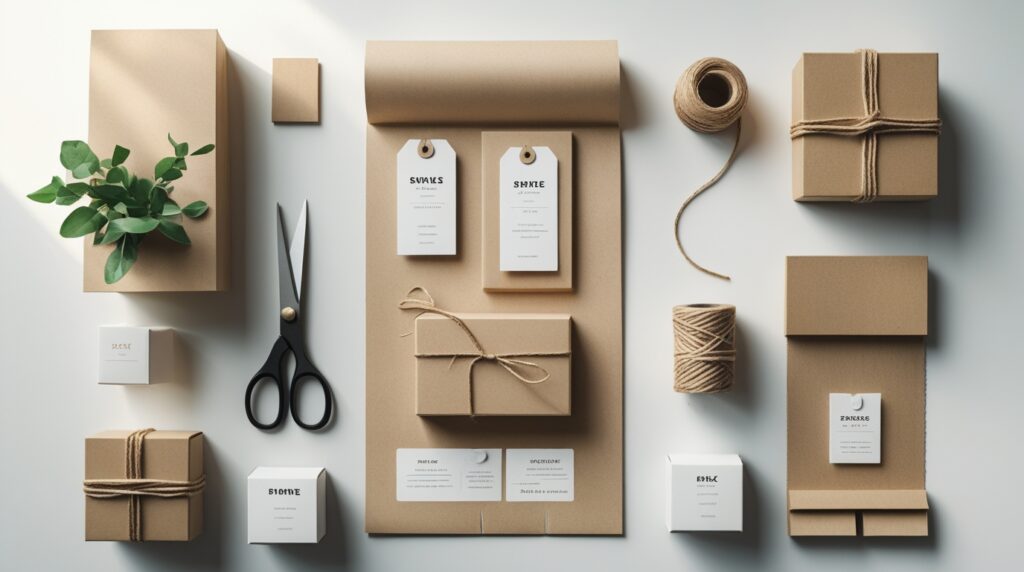 Materiais de embalagem minimalistas organizados em mesa.