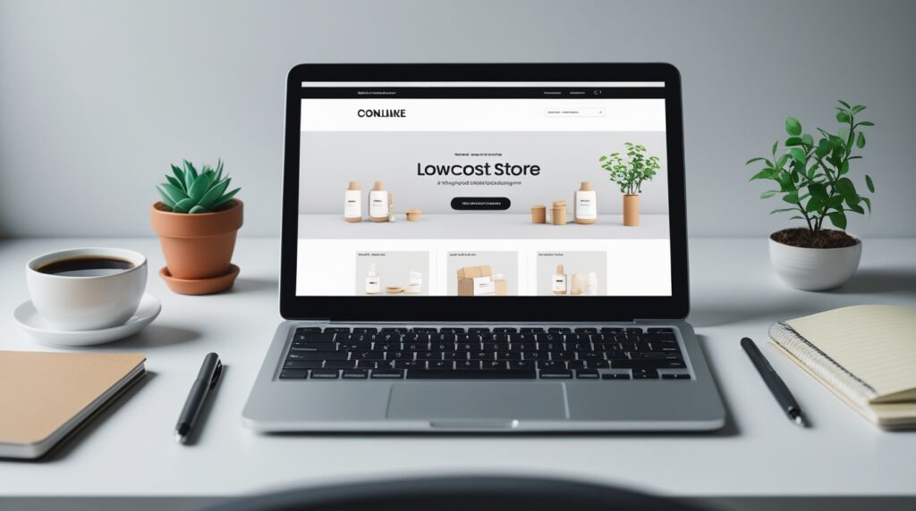 Notebook exibindo loja virtual com produtos baratos e mesa organizada.