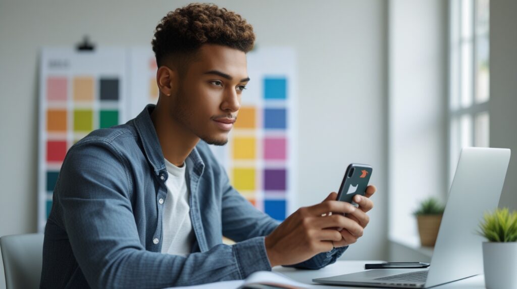 Profissional gerenciando redes sociais pelo celular para pequenos negócios.