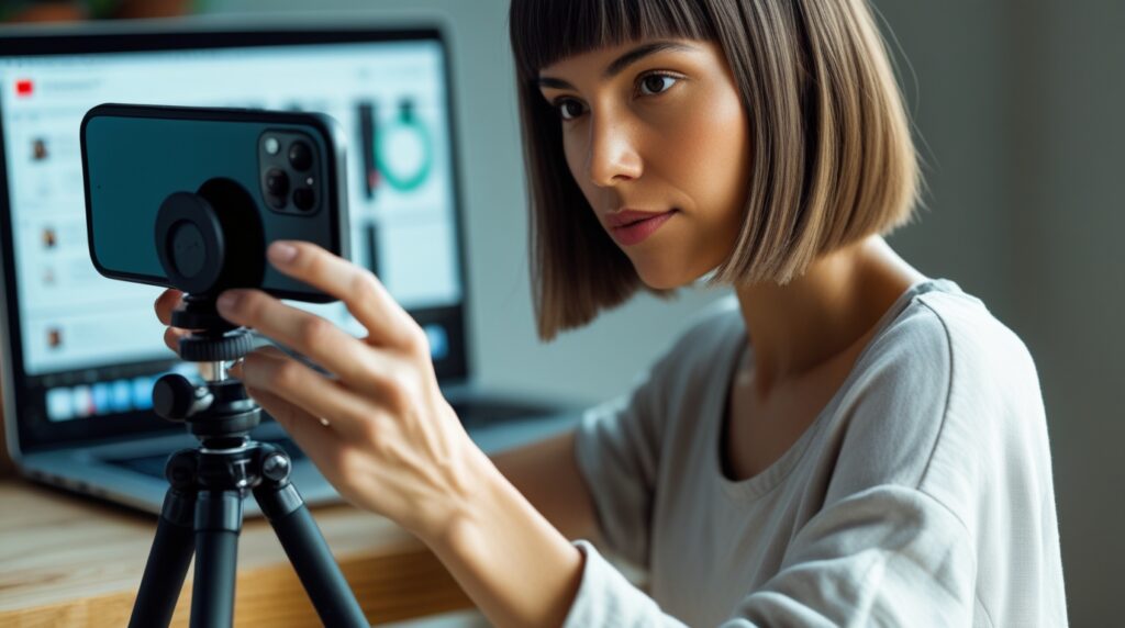 Criadora fazendo vídeos curtos para redes sociais usando apenas o celular.