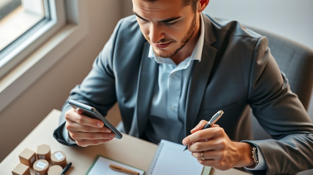 Homem organizando pedidos de revenda por encomenda com ajuda do celular.
