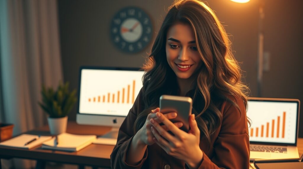 Mulher sorrindo ao ver progresso financeiro no celular.