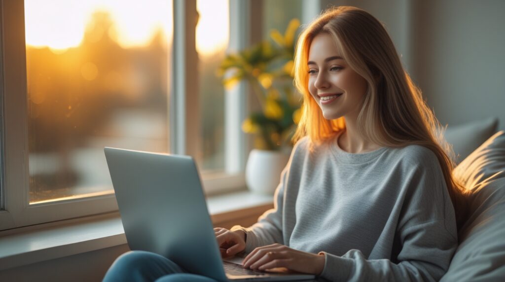 Mulher usando notebook perto da janela iluminada ao pôr do sol, transmitindo liberdade financeira.