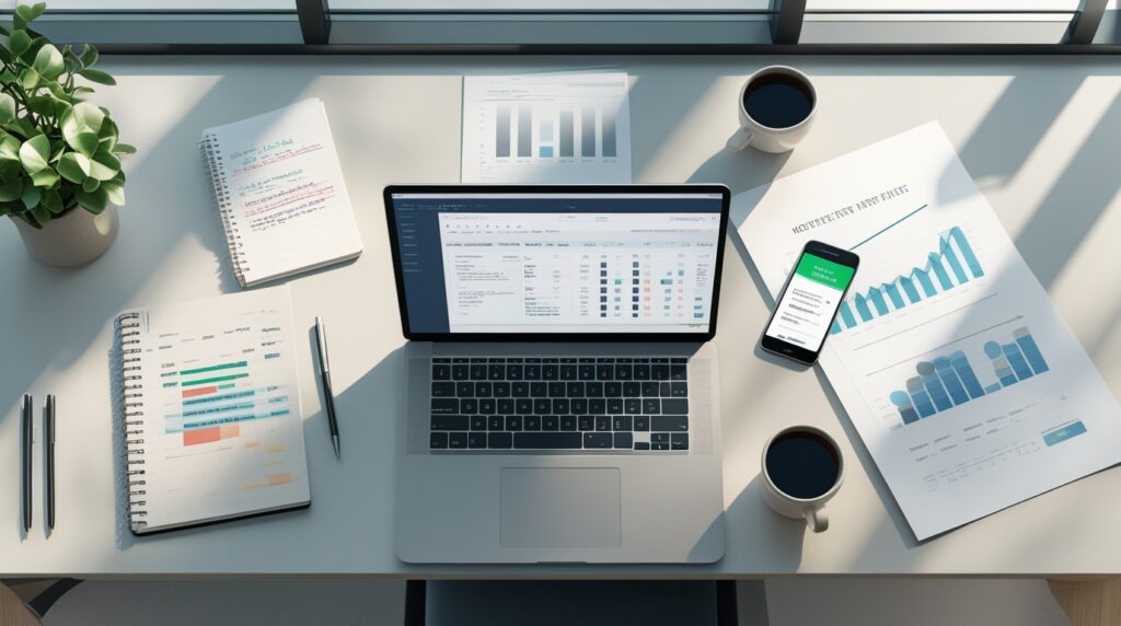 Mesa organizada com notebook, caderno e gráficos representando criação de eBook.