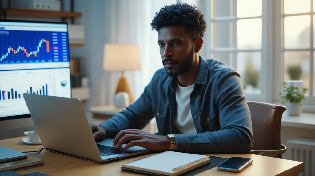 Homem trabalhando no notebook em home office com gráficos financeiros.